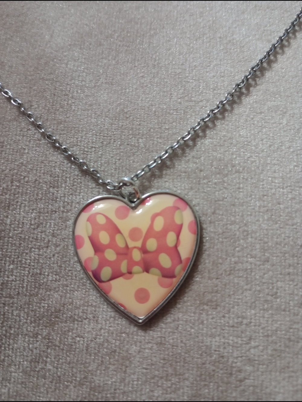 Pink Minnie Mouse Polka Dot Bow Heart Pendant Necklace